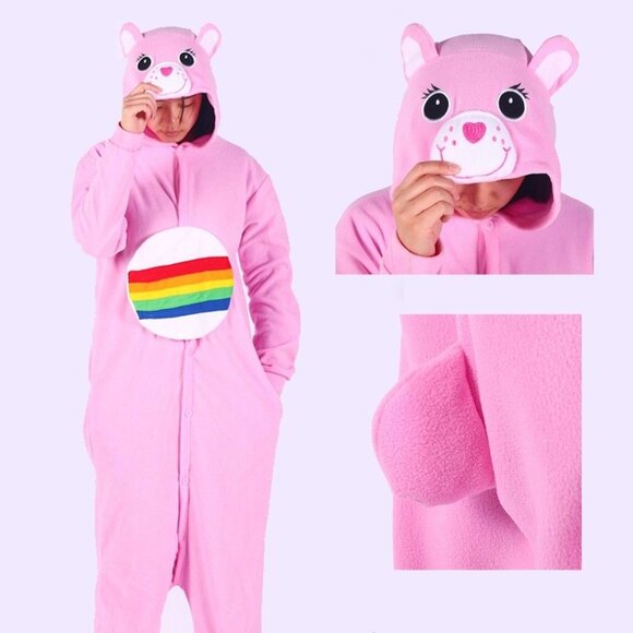 Cheer Care Bear Kigurumi Adult Fleece Hooded Onesie Pajamas Costume Pink Rainbow - Picture 2 of 9